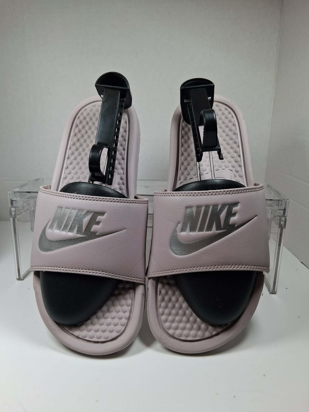 Nike Pink/Black Solid Logo Slip On Slide Sandals Leather Women's US 8 EU 39